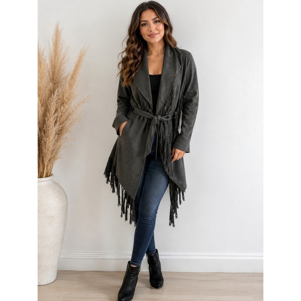 Onetheland Charcoal Grey Fringe Trim Wrap Jacket Shawl Collar Tie Waist Small